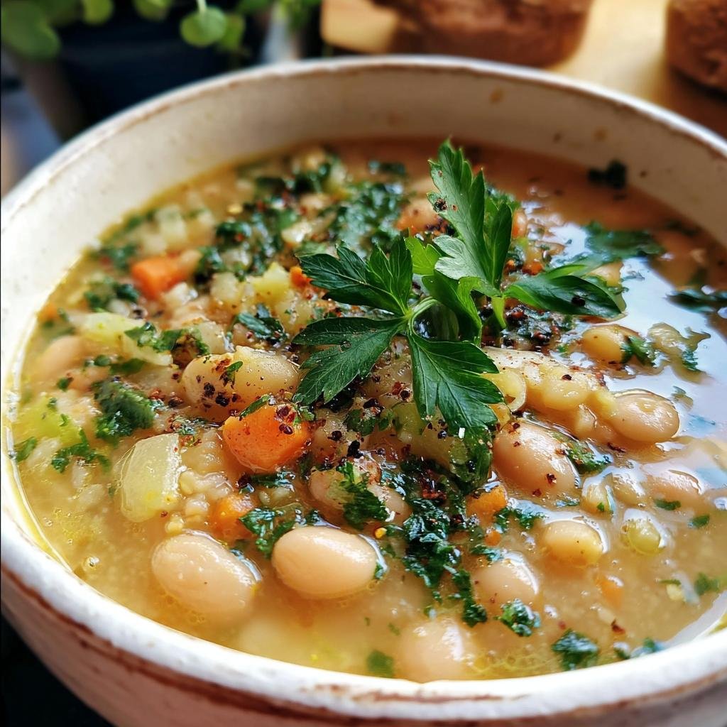 Close-up of a bowl of White Bean Soup with visible beans, carrots, herbs, and broth.