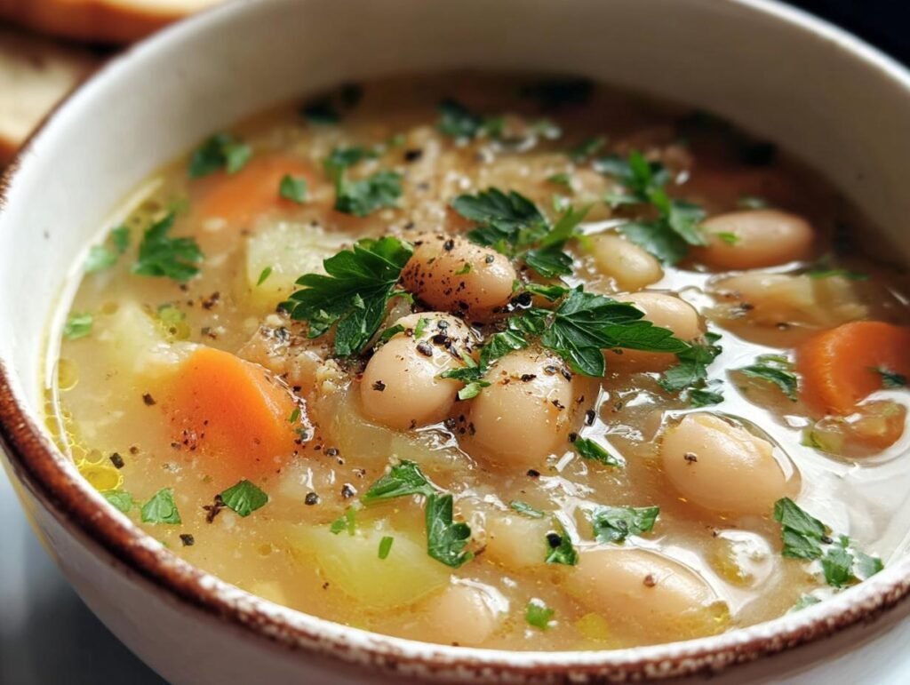 Close-up of a bowl of White Bean Soup with carrots, potatoes, and parsley.