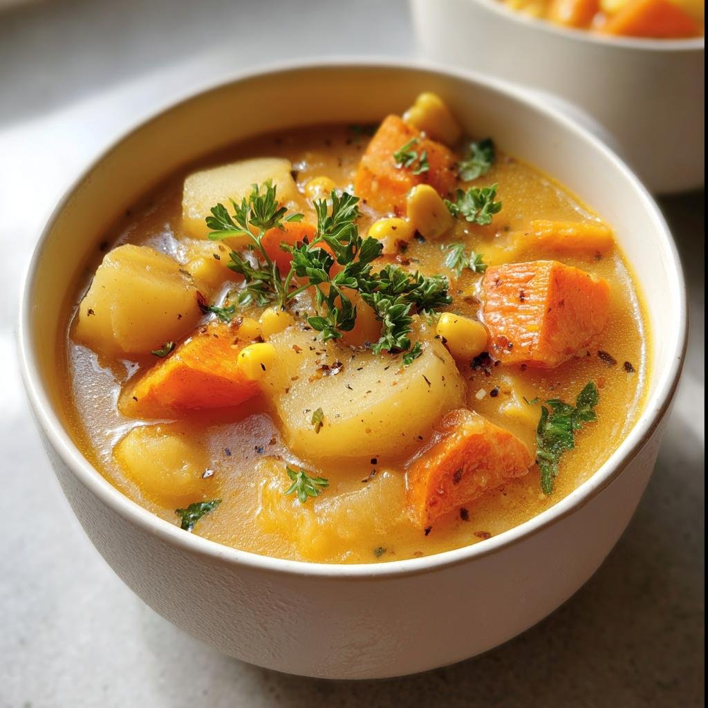 A bowl of hearty Winter Vegetable Soup with potatoes, carrots, and corn, garnished with fresh parsley.