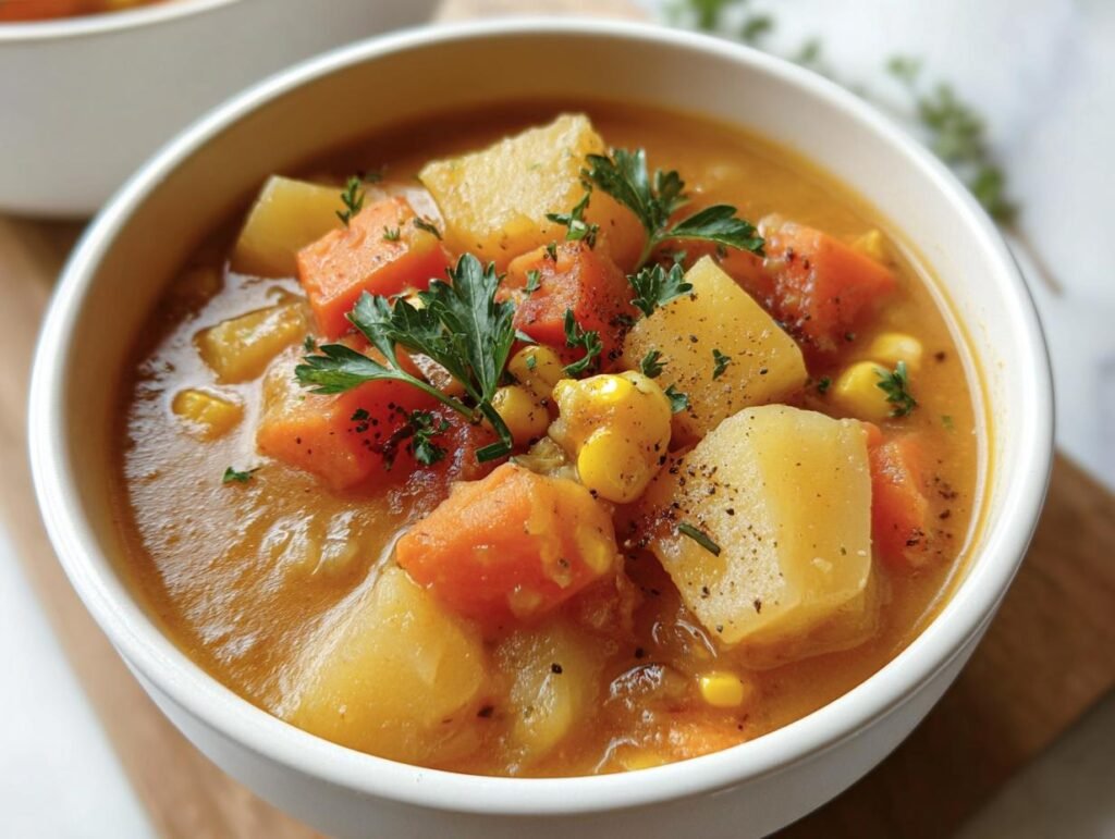 A bowl of Winter Vegetable Soup with carrots, potatoes, and corn, garnished with parsley.