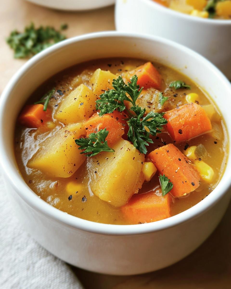Close-up of a white bowl filled with Winter Vegetable Soup, featuring potatoes, carrots, corn, and parsley garnish.