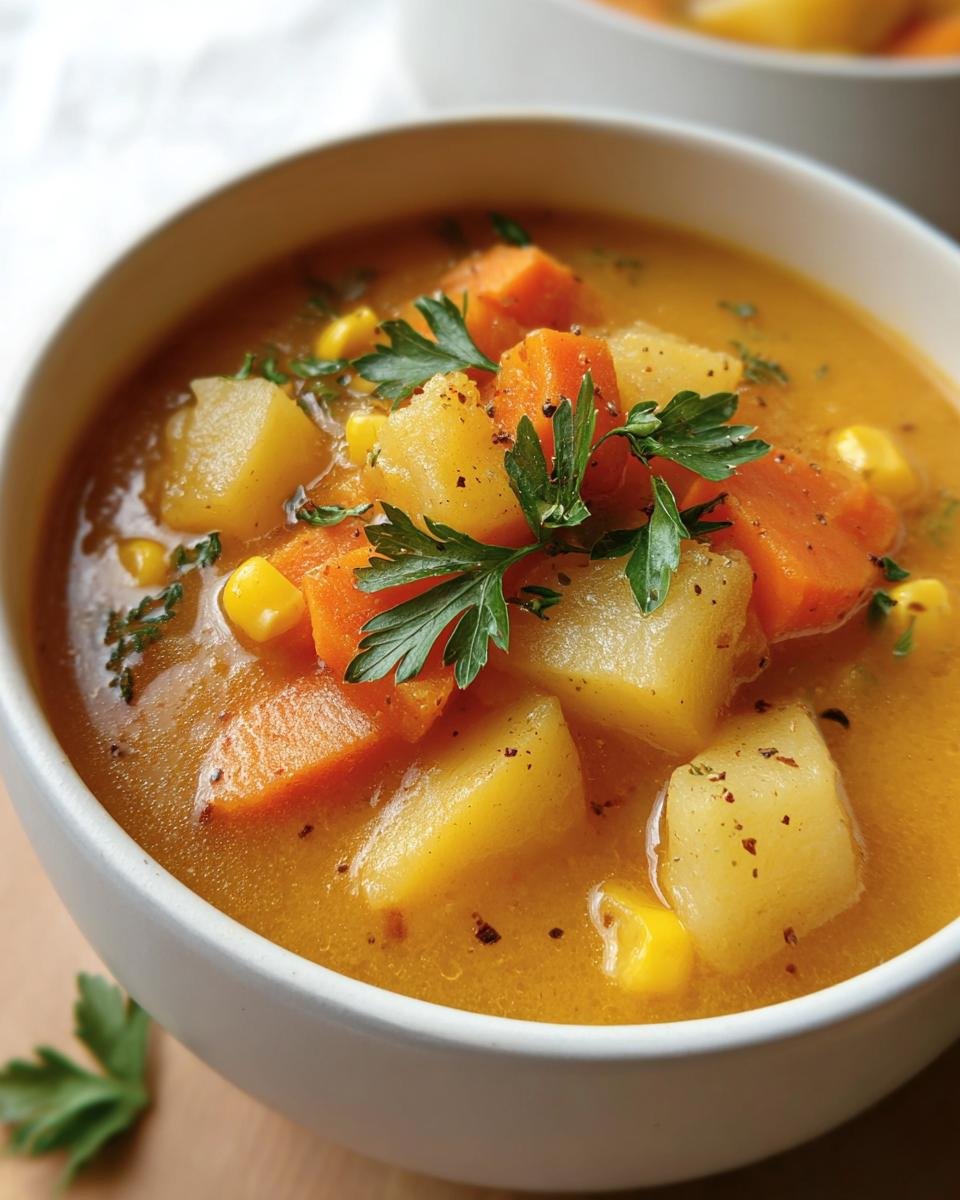 Close-up of a bowl of Winter Vegetable Soup, featuring potatoes, carrots, corn, and garnished with fresh parsley.