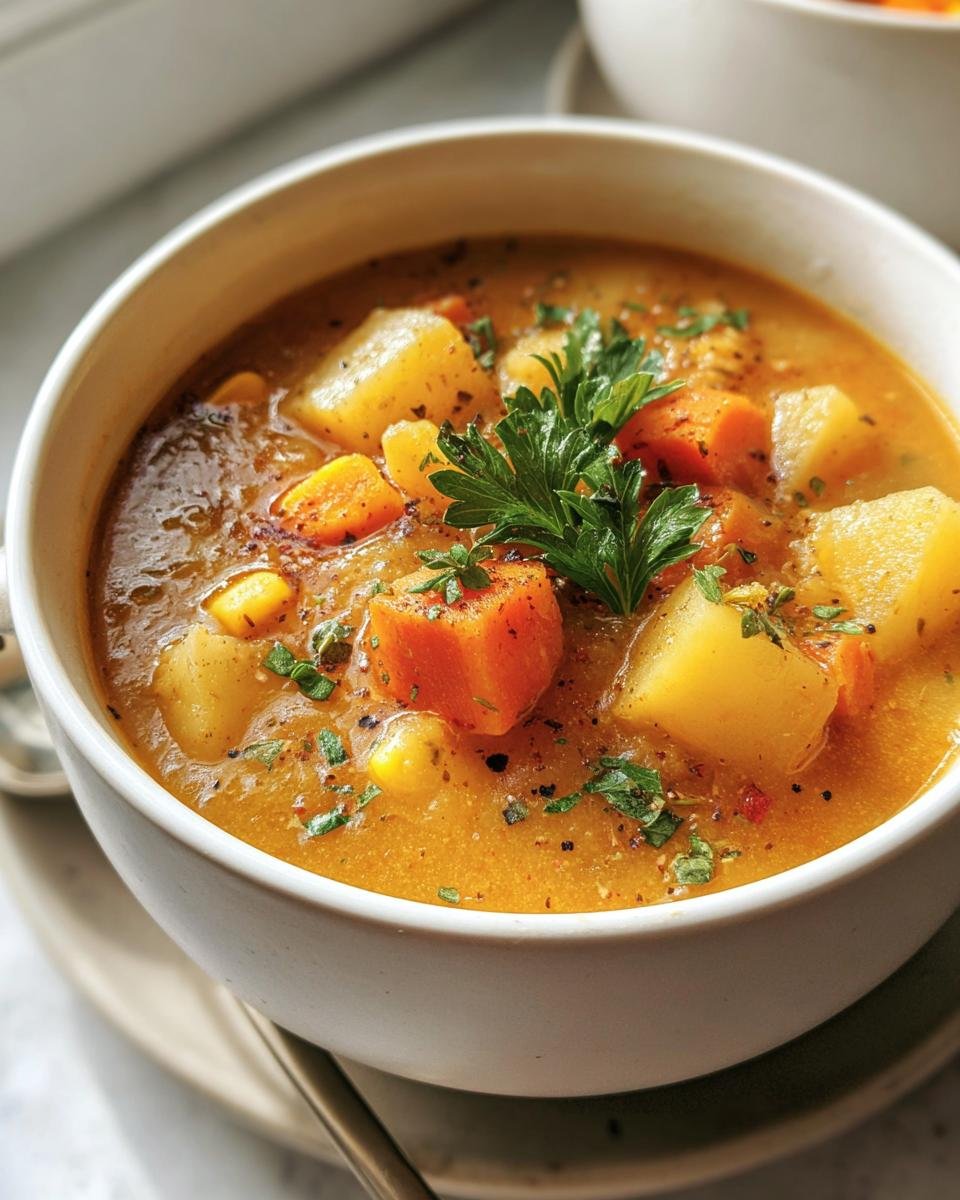 Close-up of a bowl of Winter Vegetable Soup with potatoes, carrots, and parsley garnish.