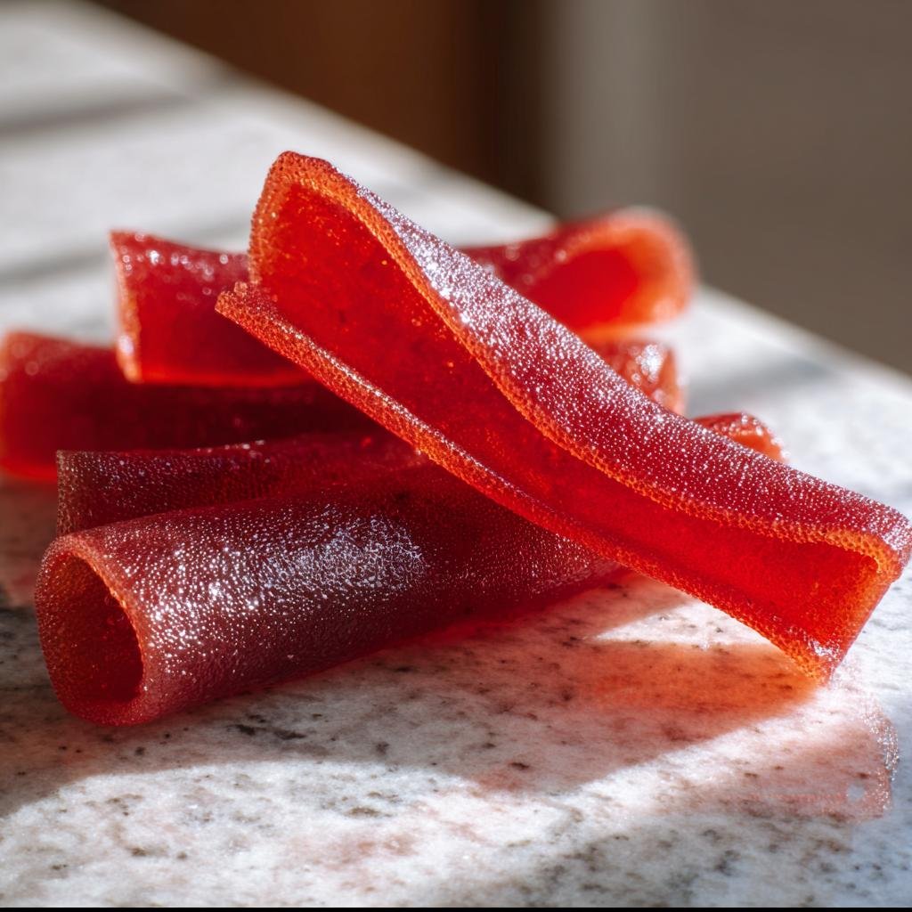 Close-up of vibrant red, homemade 3-Ingredient Fruit Roll-Ups on a marble surface.