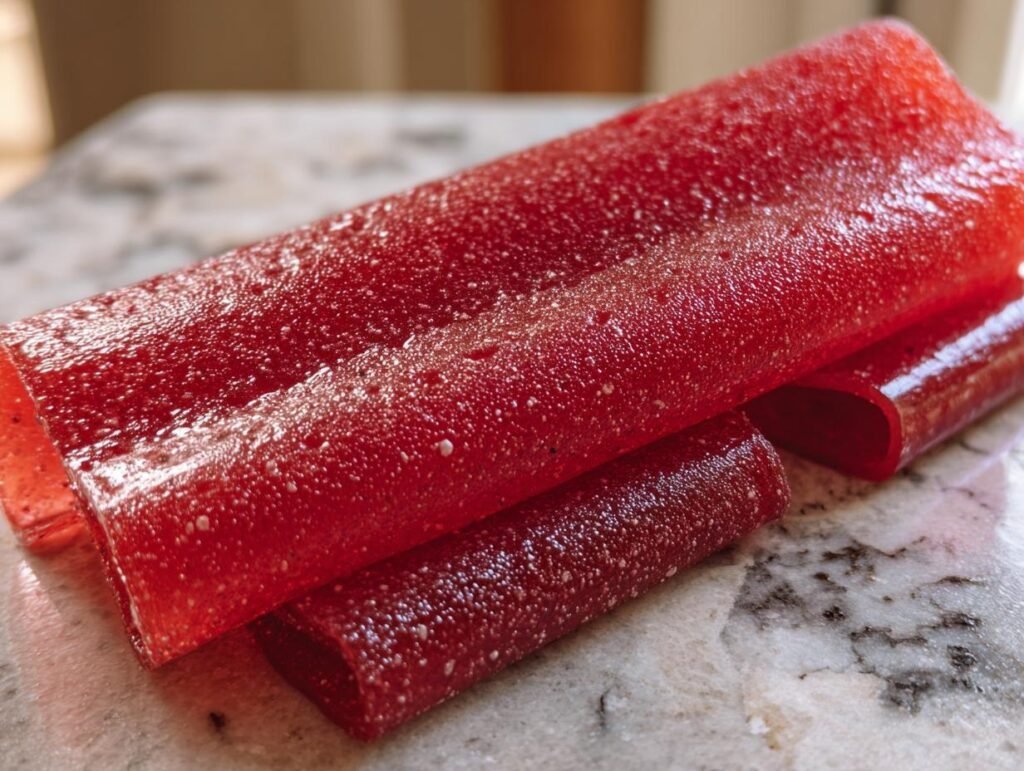Close-up of vibrant red homemade 3-Ingredient Fruit Roll-Ups on a marble surface.