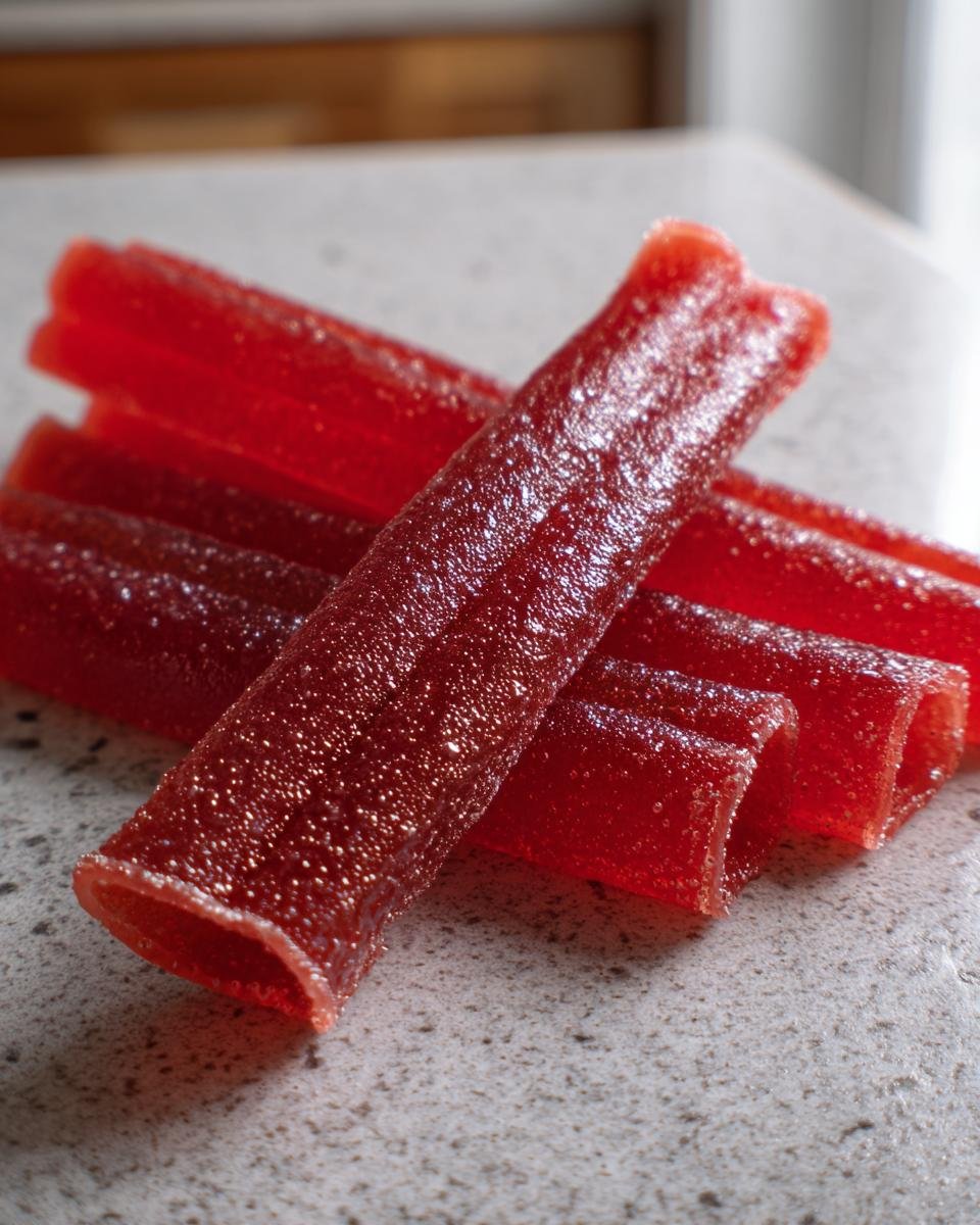 Close-up of several homemade 3-Ingredient Fruit Roll-Ups, showing the texture and vibrant red color.