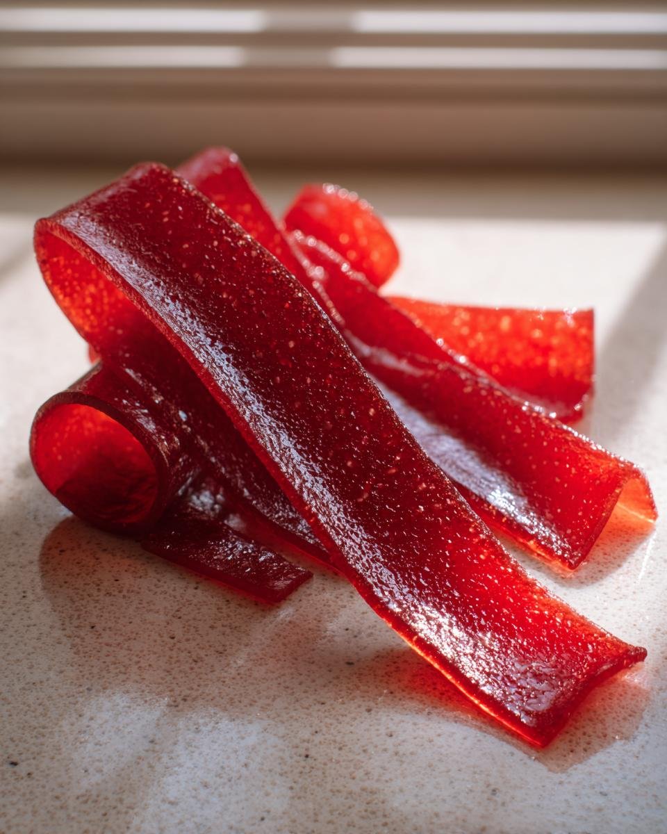 Close-up of homemade 3-Ingredient Fruit Roll-Ups, showcasing their texture and vibrant color.