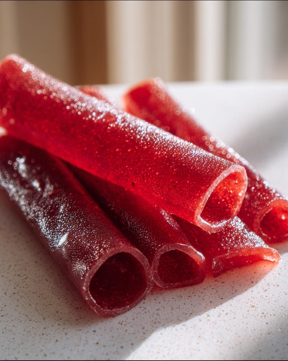 Close-up of several rolled homemade 3-Ingredient Fruit Roll-Ups on a white surface.