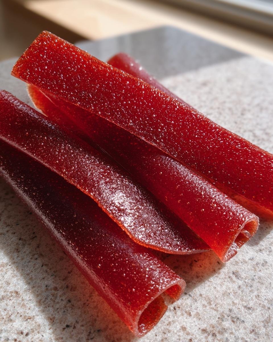 Close-up of several homemade 3-Ingredient Fruit Roll-Ups, showing their texture and vibrant color.