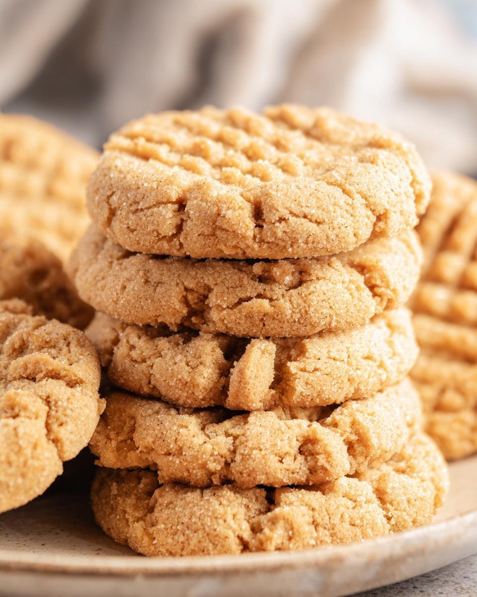 A stack of freshly baked 3 Ingredient Sugar Free Peanut Butter Cookies on a plate, close-up.
