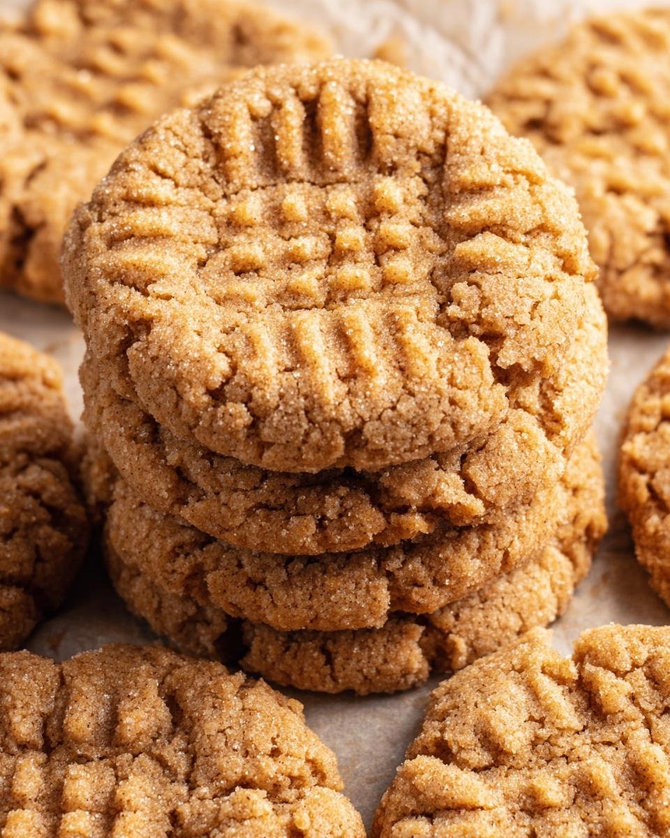 A stack of homemade 3 Ingredient Sugar Free Peanut Butter Cookies with fork press marks on top.