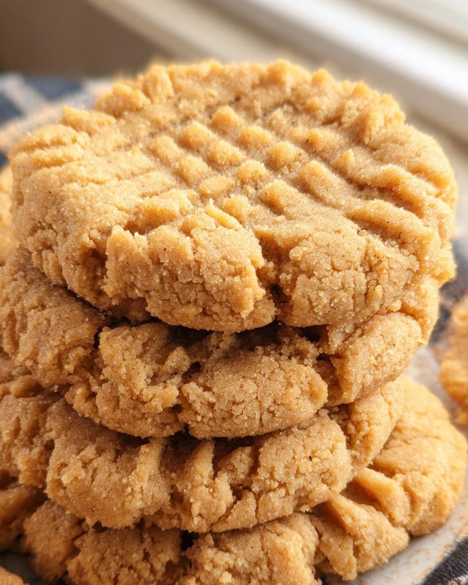 A stack of freshly baked 3 Ingredient Sugar Free Peanut Butter Cookies, showing their textured tops.