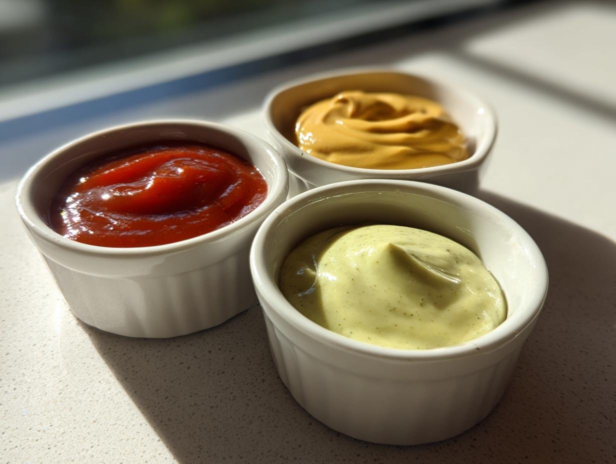 Three small bowls of 3 Quick Dipping Sauces for Mummy Dogs: ketchup, mustard, and a creamy green sauce.