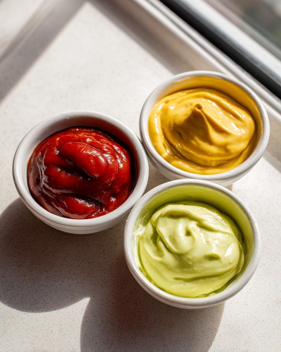Three bowls of 3 Quick Dipping Sauces for Mummy Dogs: ketchup, mustard, and avocado sauce.