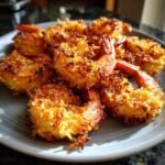 A plate of golden brown Air Fryer Crispy Coconut Shrimp, showcasing the crispy coconut coating and shrimp tails.