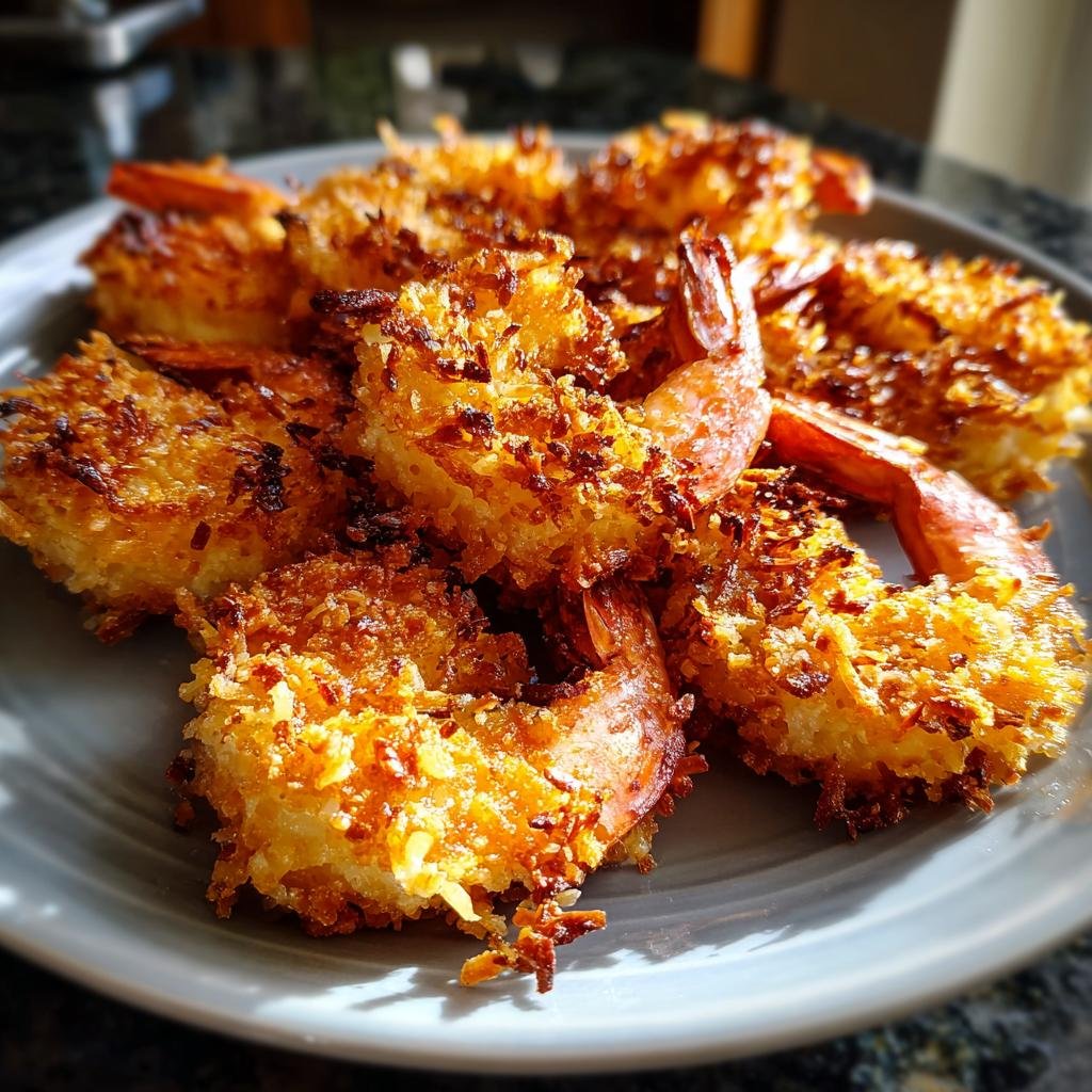 A plate of golden brown Air Fryer Crispy Coconut Shrimp, showcasing the crispy coconut coating and shrimp tails.