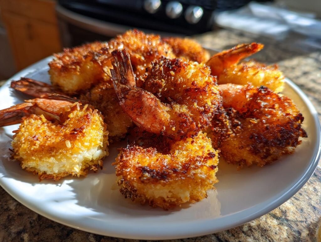 A plate of golden brown Air Fryer Crispy Coconut Shrimp, cooked to perfection in an air fryer.