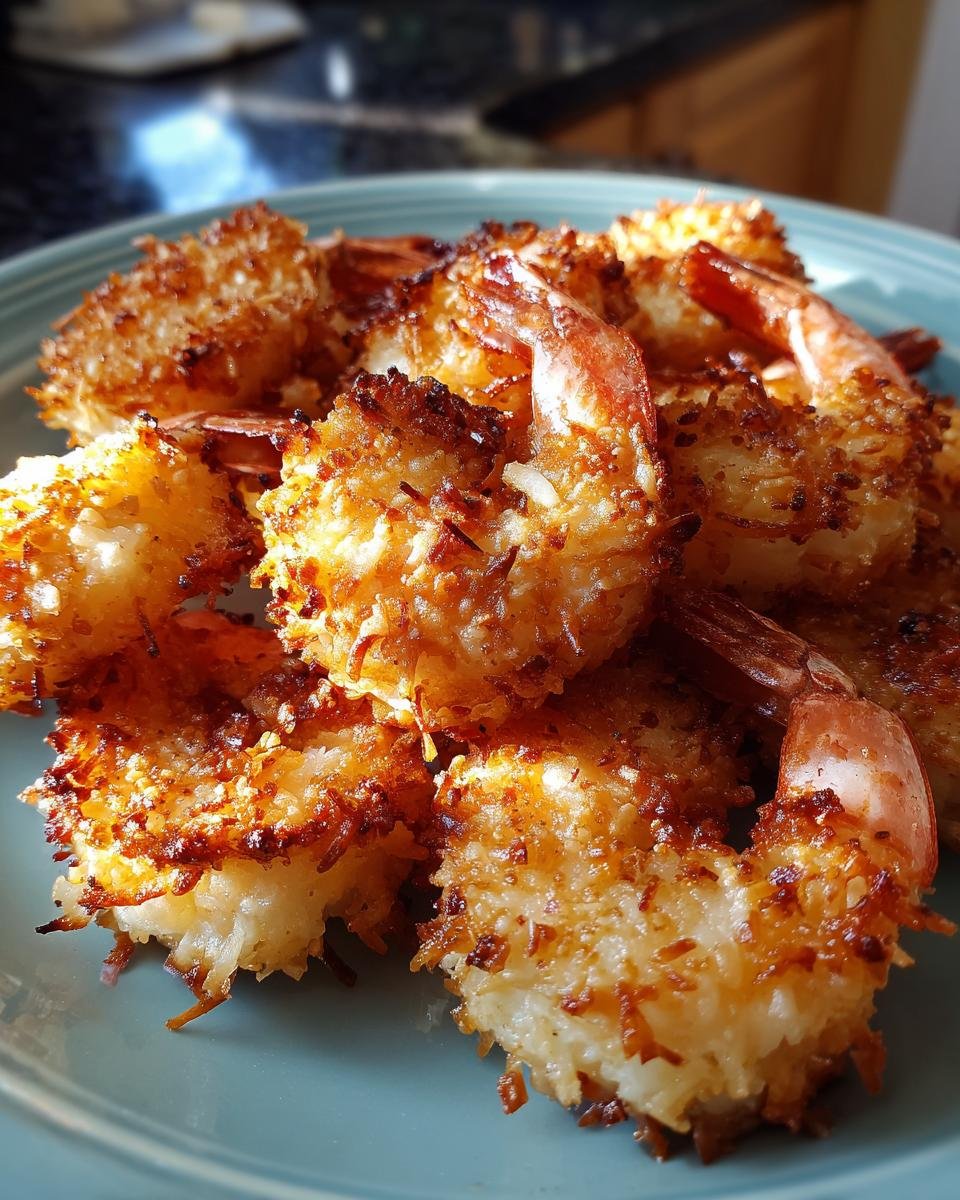 A plate of golden brown Air Fryer Crispy Coconut Shrimp, ready to be served.