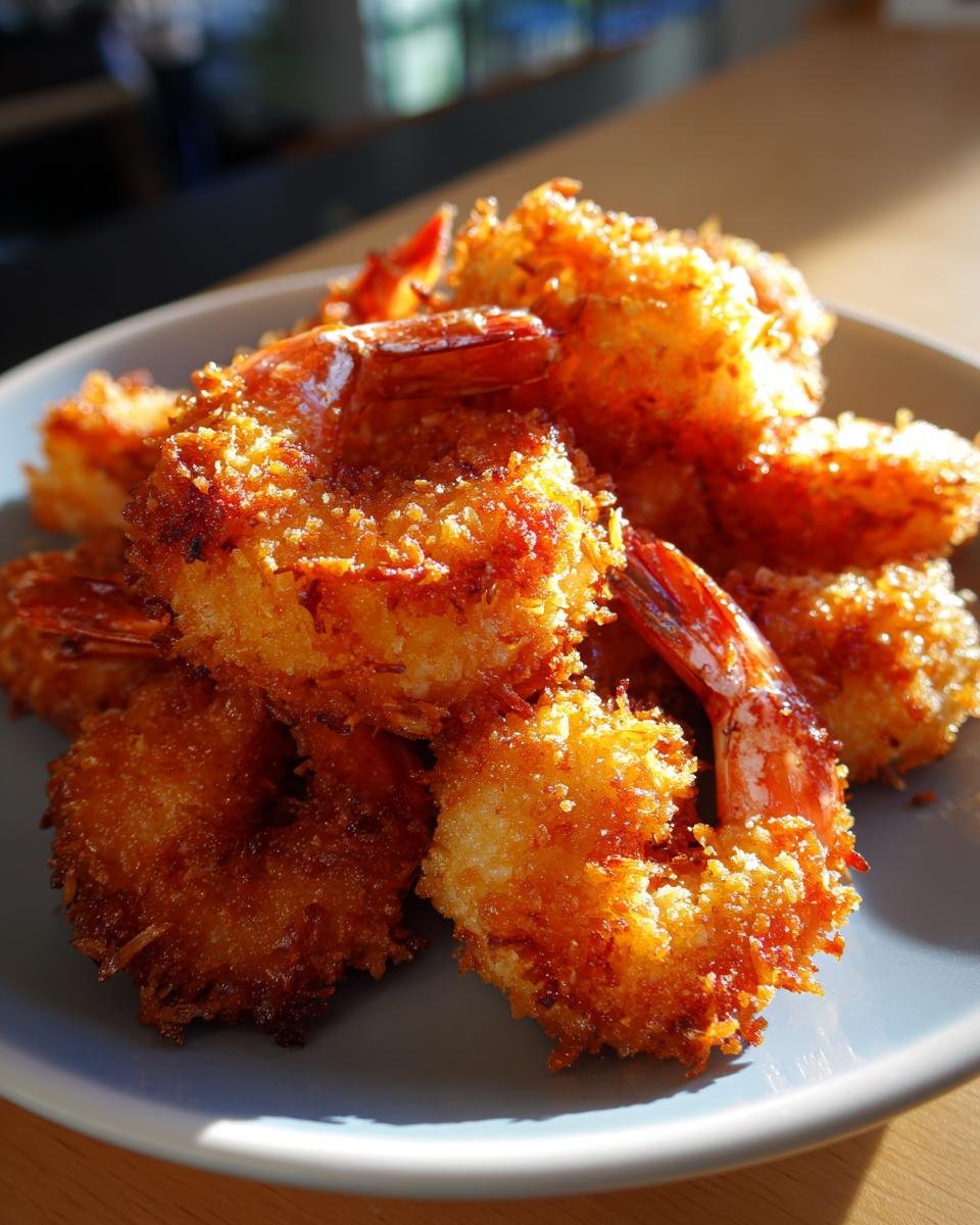 A plate of golden brown Air Fryer Crispy Coconut Shrimp, showing the crispy coconut coating and juicy shrimp inside.
