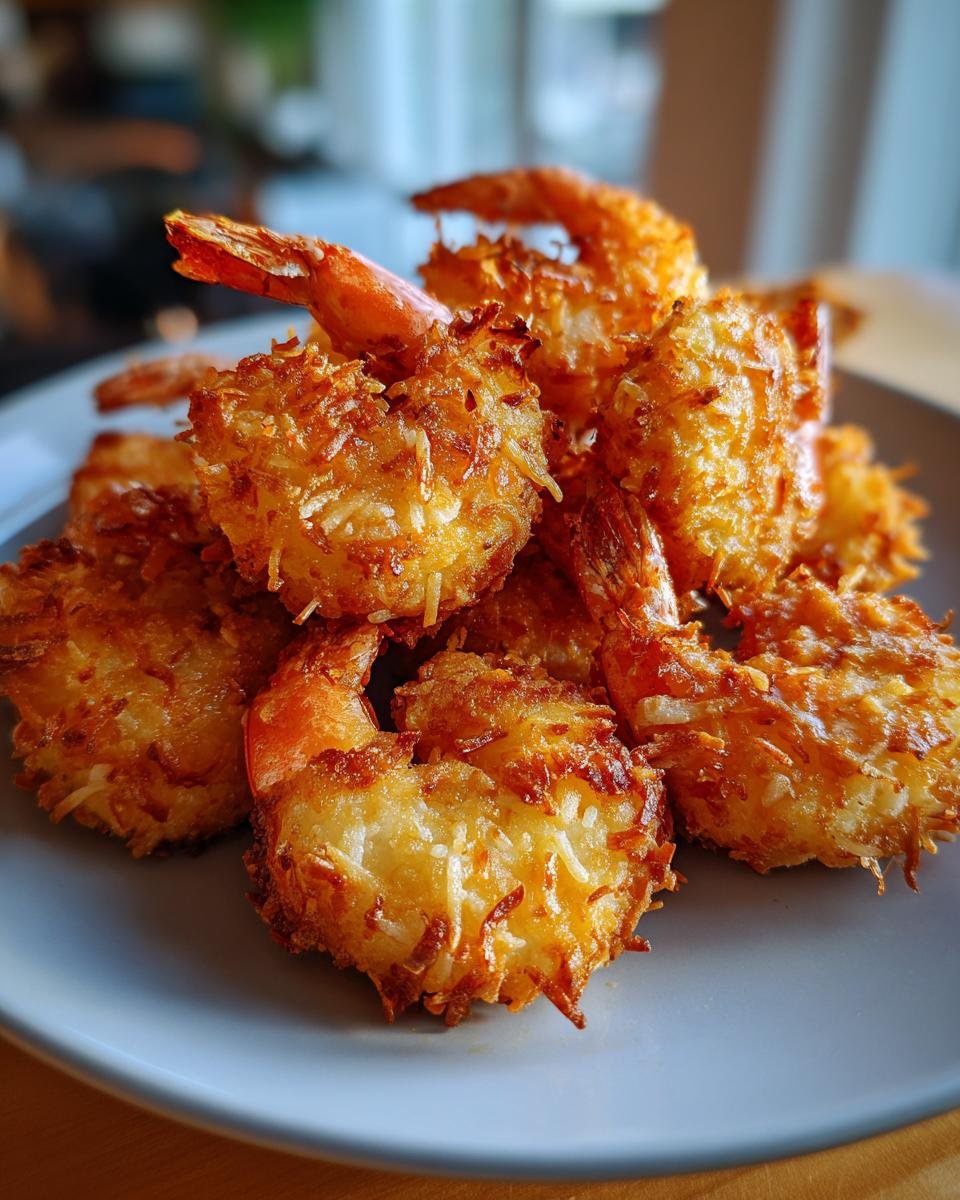A plate of golden brown Air Fryer Crispy Coconut Shrimp, showcasing the crispy coconut coating.