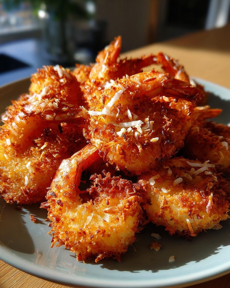 Pile of golden brown Air Fryer Crispy Coconut Shrimp on a plate, ready to eat.