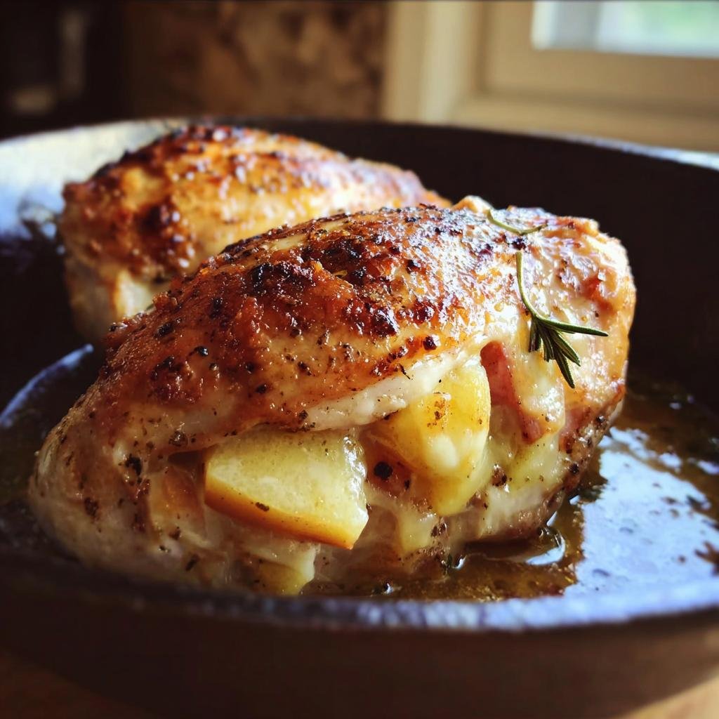 Two servings of Apple and Brie Stuffed Chicken in a pan, garnished with rosemary.