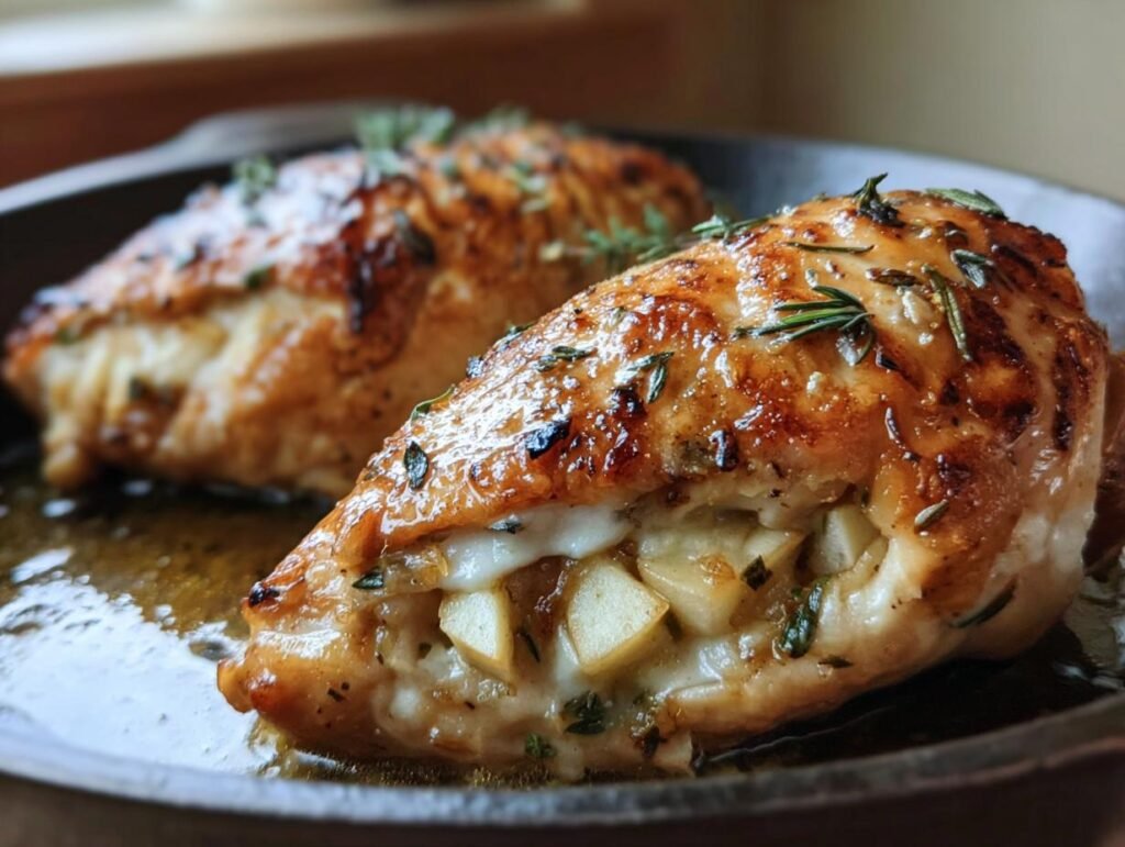 Two servings of Apple and Brie Stuffed Chicken on a plate, garnished with herbs.