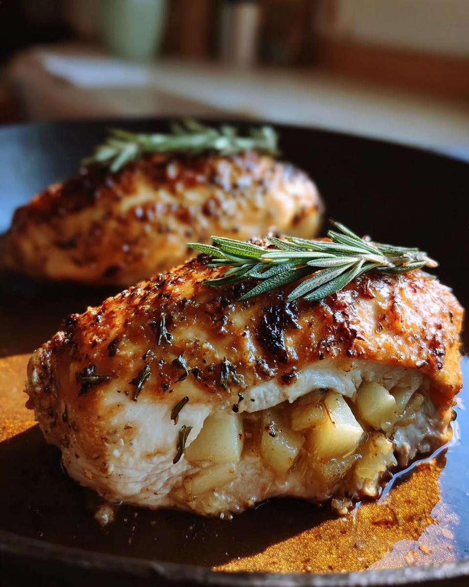 Two servings of Apple and Brie Stuffed Chicken on a plate, garnished with rosemary sprigs.