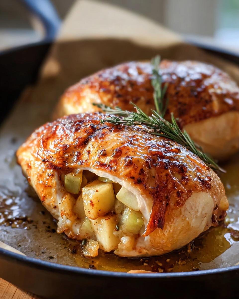 Two golden Apple and Brie Stuffed Chicken breasts on a pan, garnished with rosemary.