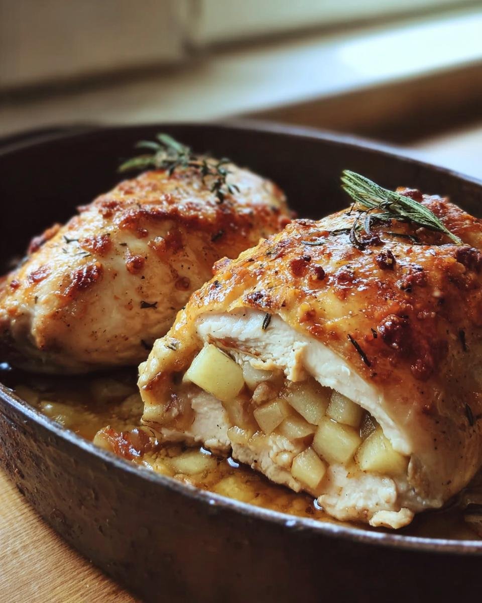Two Apple and Brie Stuffed Chicken breasts in a pan, one sliced to show the filling.