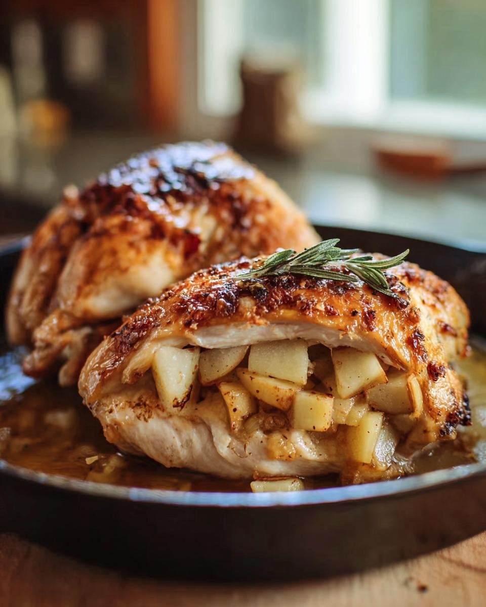 Two servings of Apple and Brie Stuffed Chicken on a plate, garnished with rosemary.