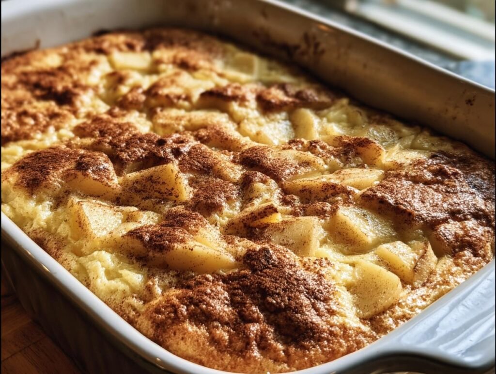Close-up of Apple Cinnamon Cottage Cheese Bake in a baking dish, sprinkled with cinnamon.