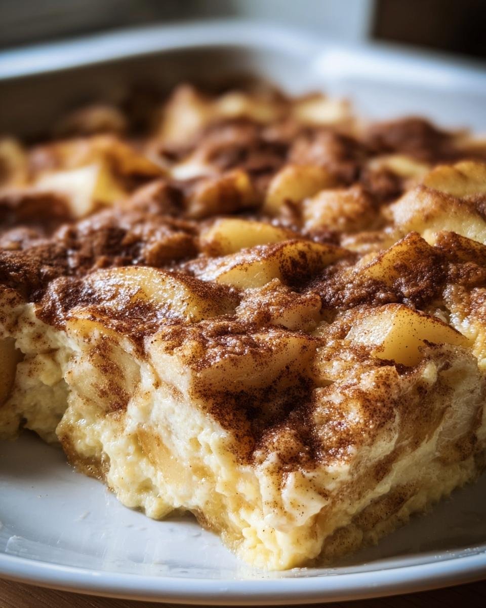 A slice of Apple Cinnamon Cottage Cheese Bake, showing the layers of apples and cottage cheese with cinnamon.