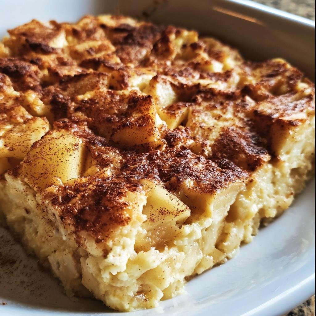 A slice of Apple Cinnamon Cottage Cheese Bake with visible apple chunks and cinnamon topping.