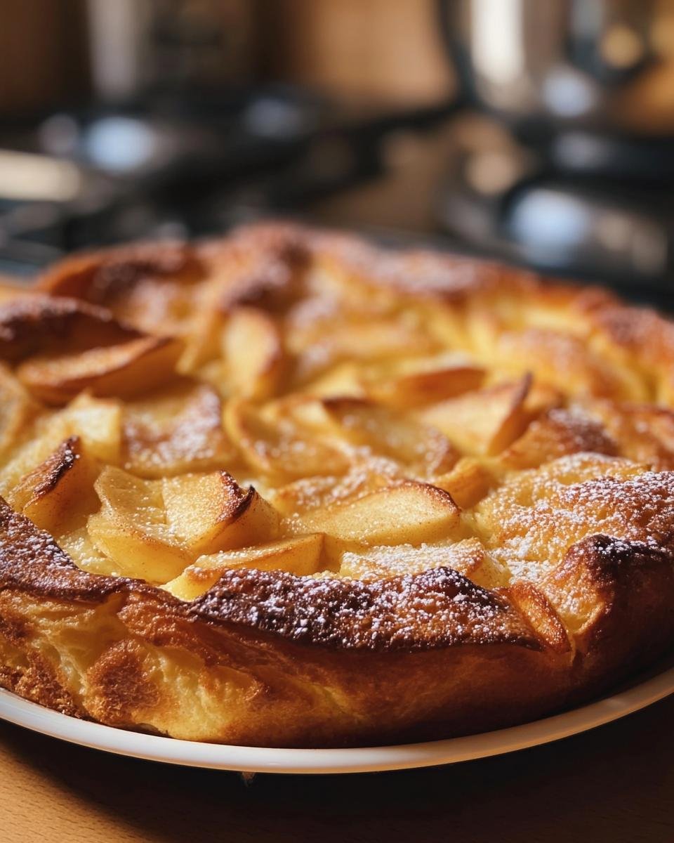 Close-up of a delicious Apple Cinnamon German Pancake topped with sliced apples and powdered sugar.