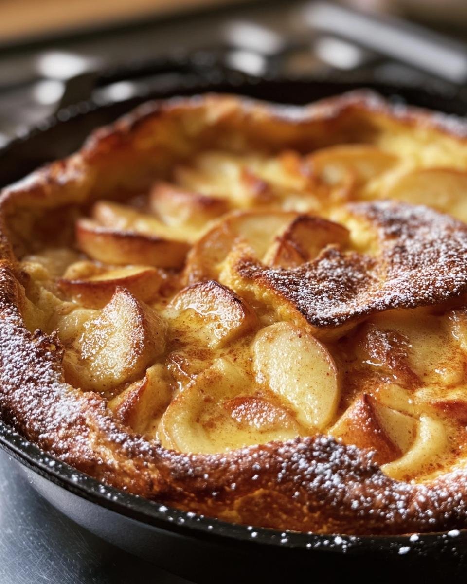 Close-up of an Apple Cinnamon German Pancake in a skillet, topped with apples and powdered sugar.