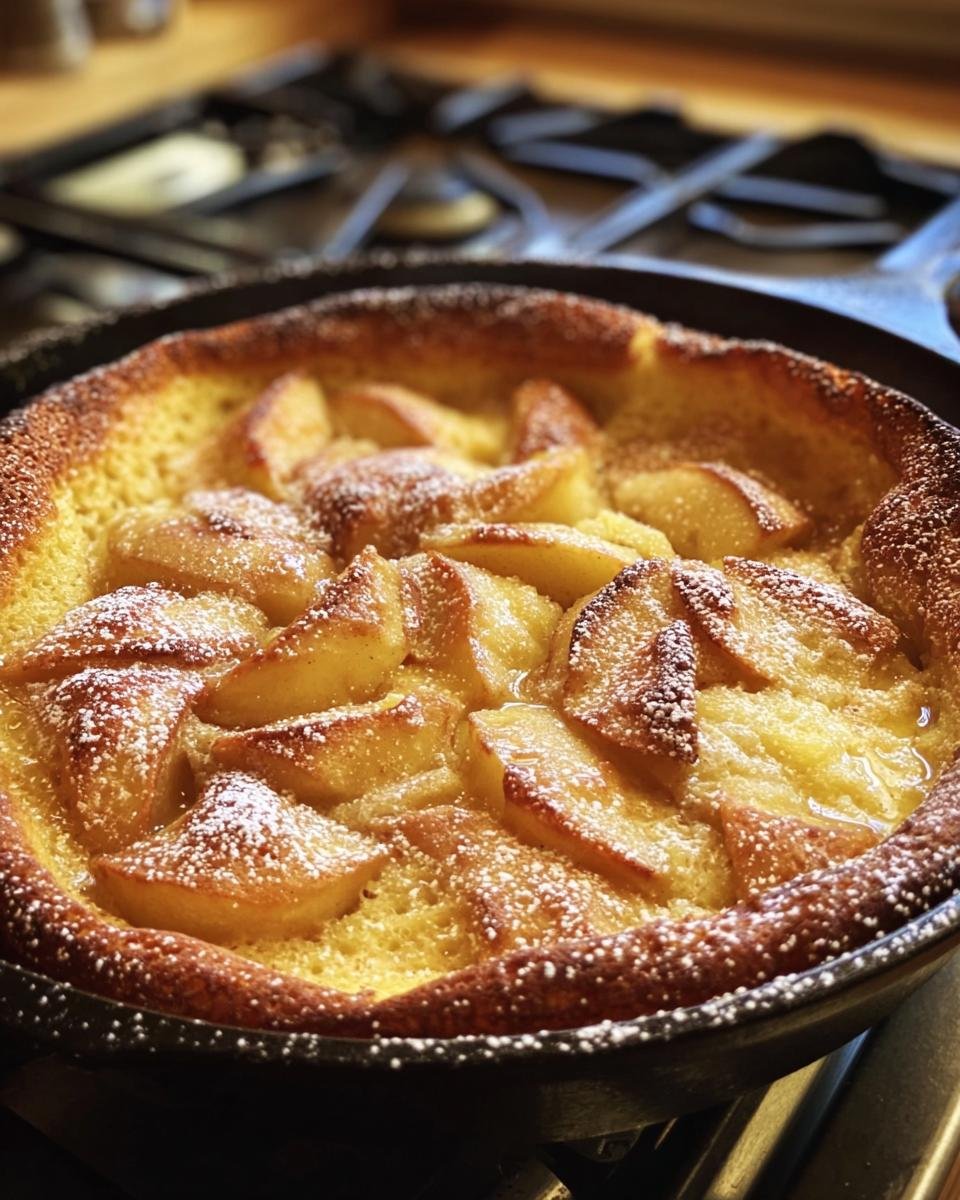 Close-up of an Apple Cinnamon German Pancake in a cast iron skillet, dusted with powdered sugar.