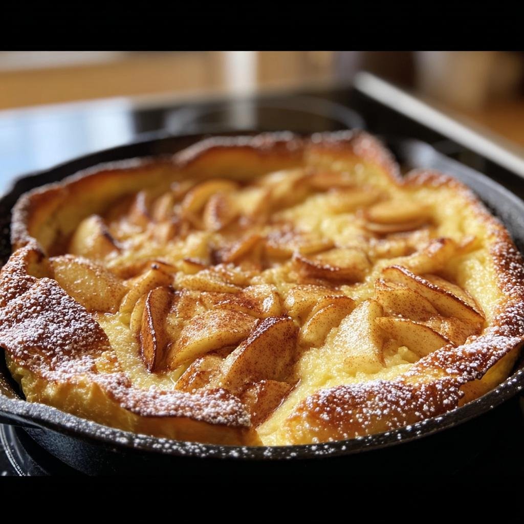 Freshly baked Apple Cinnamon German Pancake in a cast iron skillet, dusted with powdered sugar.