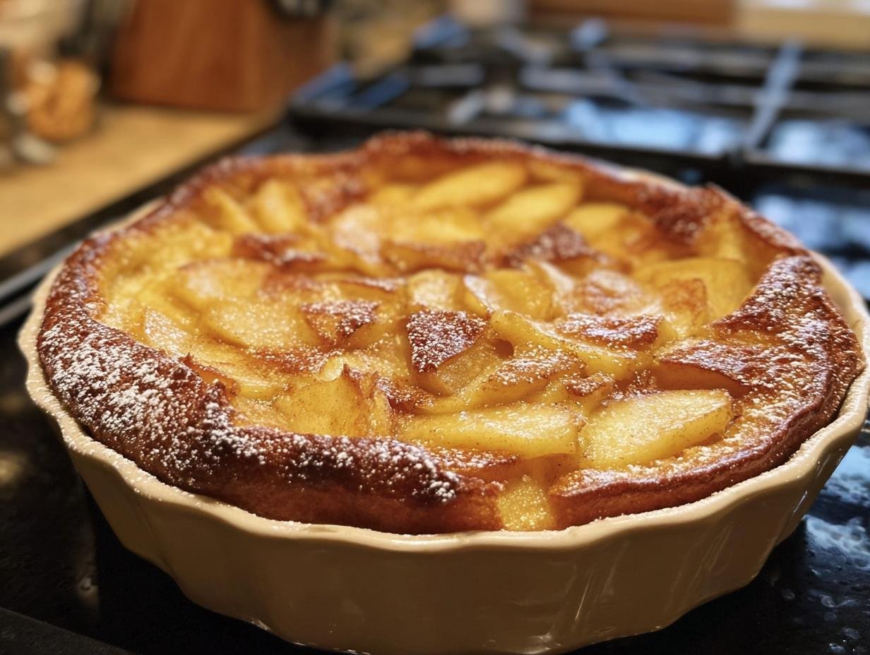 Freshly baked Apple Cinnamon German Pancake in a baking dish, topped with sliced apples and powdered sugar.