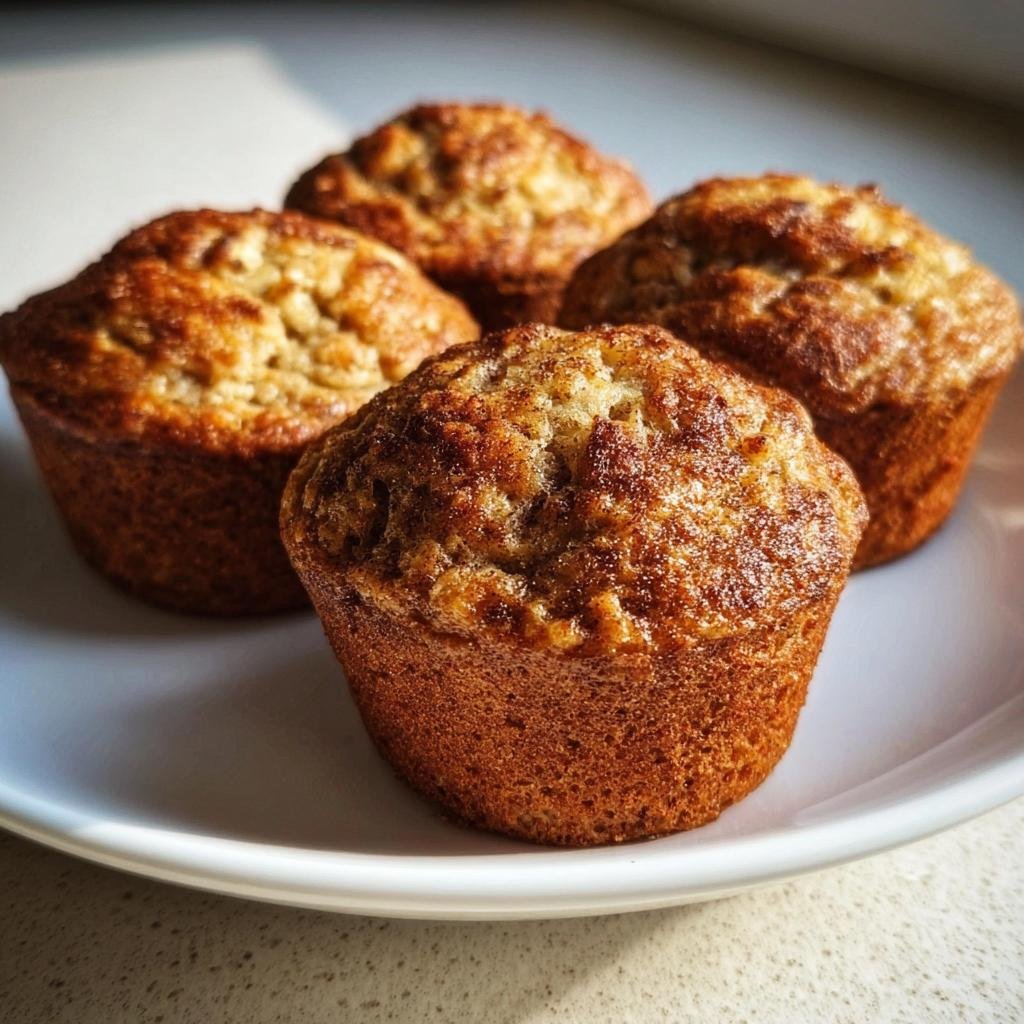 Four freshly baked Apple Cinnamon Greek Yogurt Muffins arranged on a white plate, showcasing their golden-brown tops.