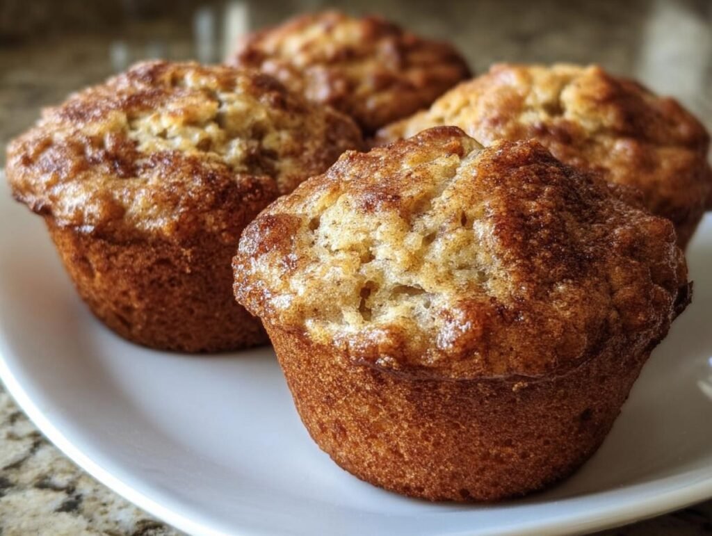 Four freshly baked Apple Cinnamon Greek Yogurt Muffins displayed on a white plate, showcasing their golden-brown tops.