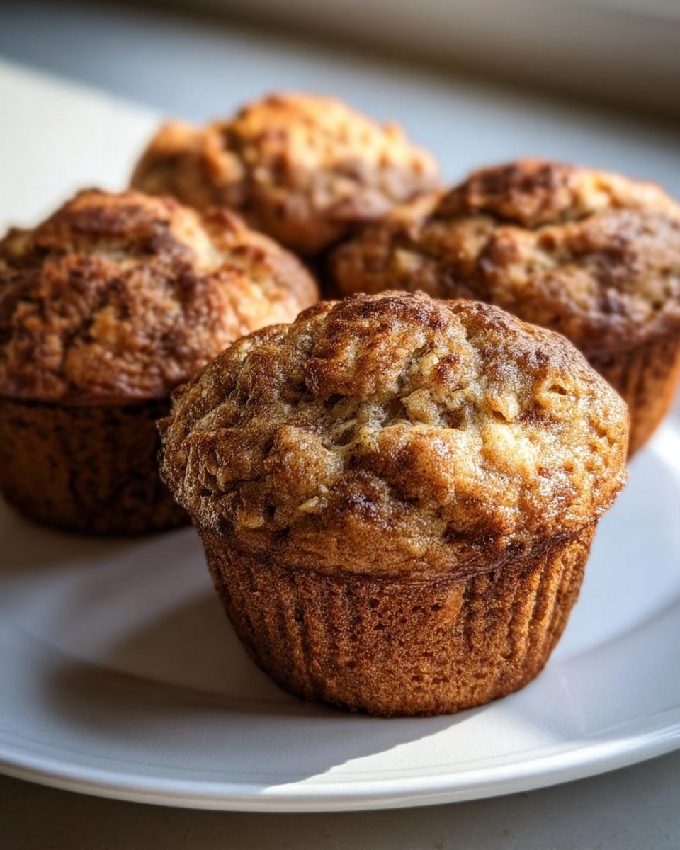 Close-up of Apple Cinnamon Greek Yogurt Muffins on a white plate, showcasing their texture and golden-brown color.