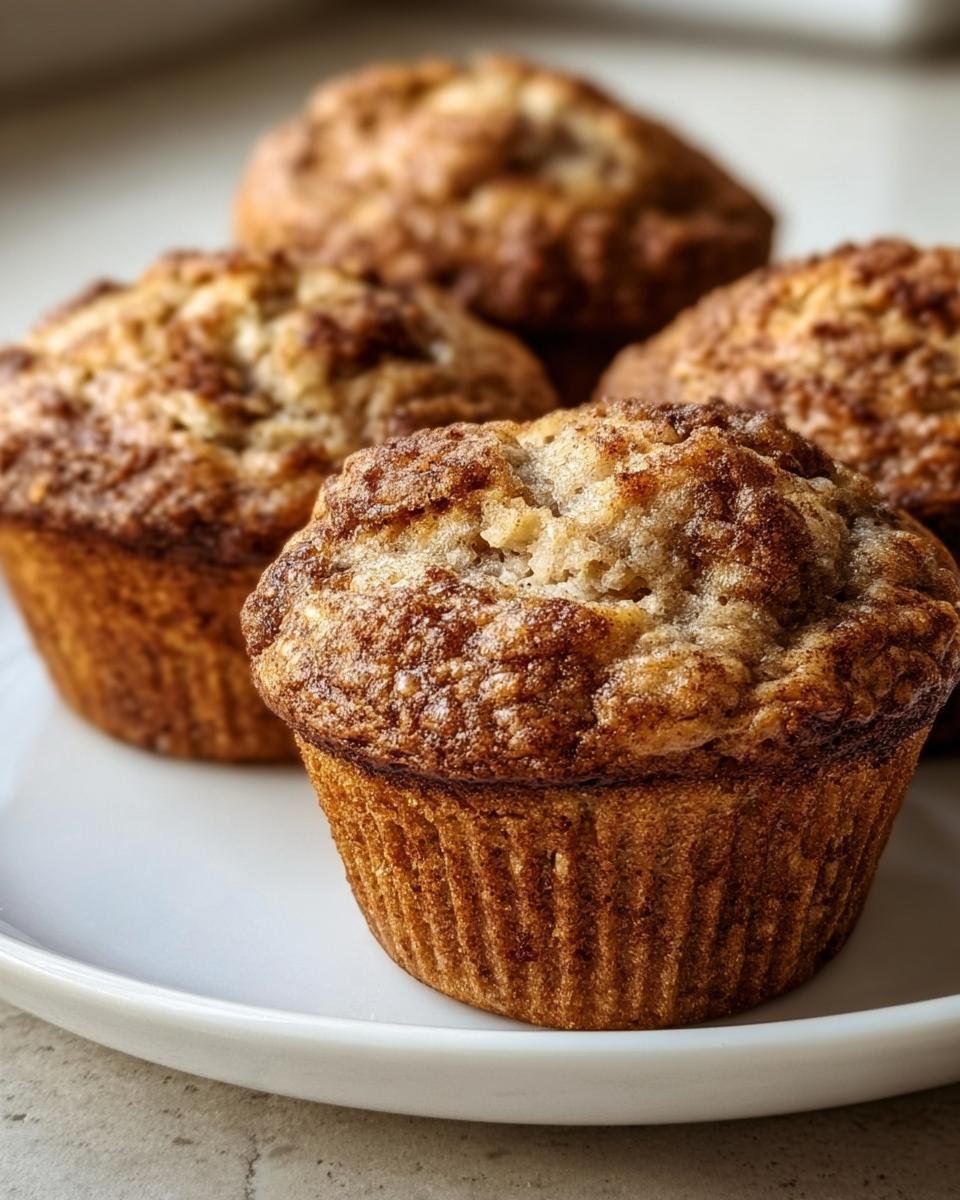 Close-up of homemade Apple Cinnamon Greek Yogurt Muffins on a white plate, showcasing their texture and golden-brown color.
