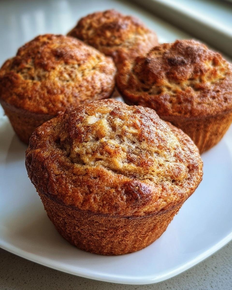 Four freshly baked Apple Cinnamon Greek Yogurt Muffins arranged on a white plate.