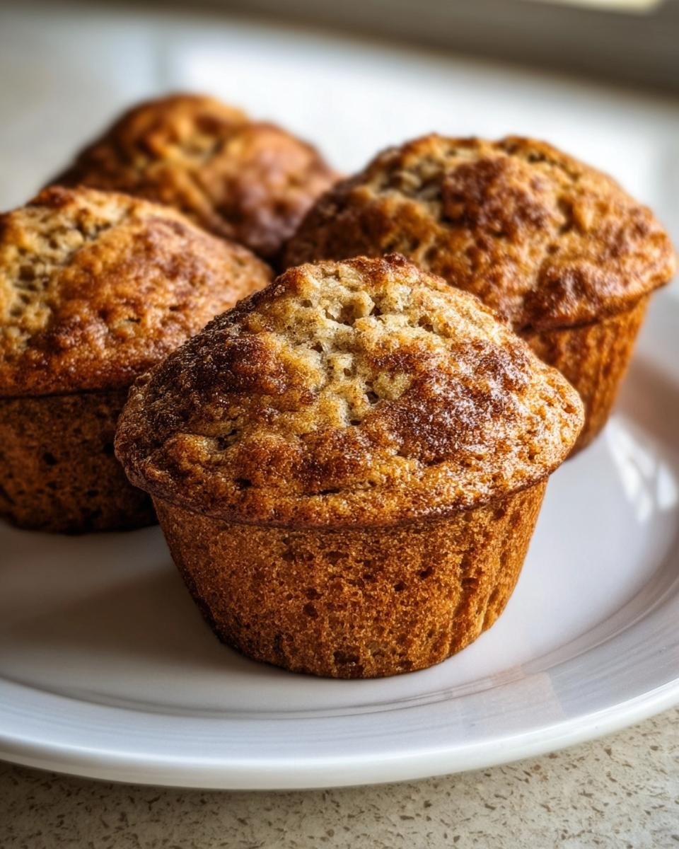 Four Apple Cinnamon Greek Yogurt Muffins arranged on a white plate, showcasing their golden-brown tops.