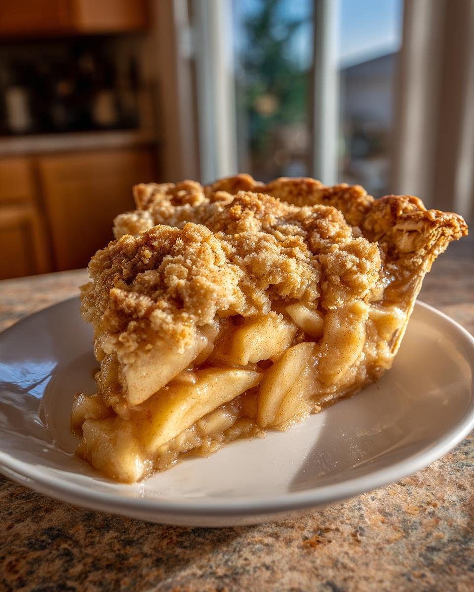 A slice of apple crumble pie, perfect for Cottagecore Recipes for Fall, sits on a white plate, showcasing the filling and crust.
