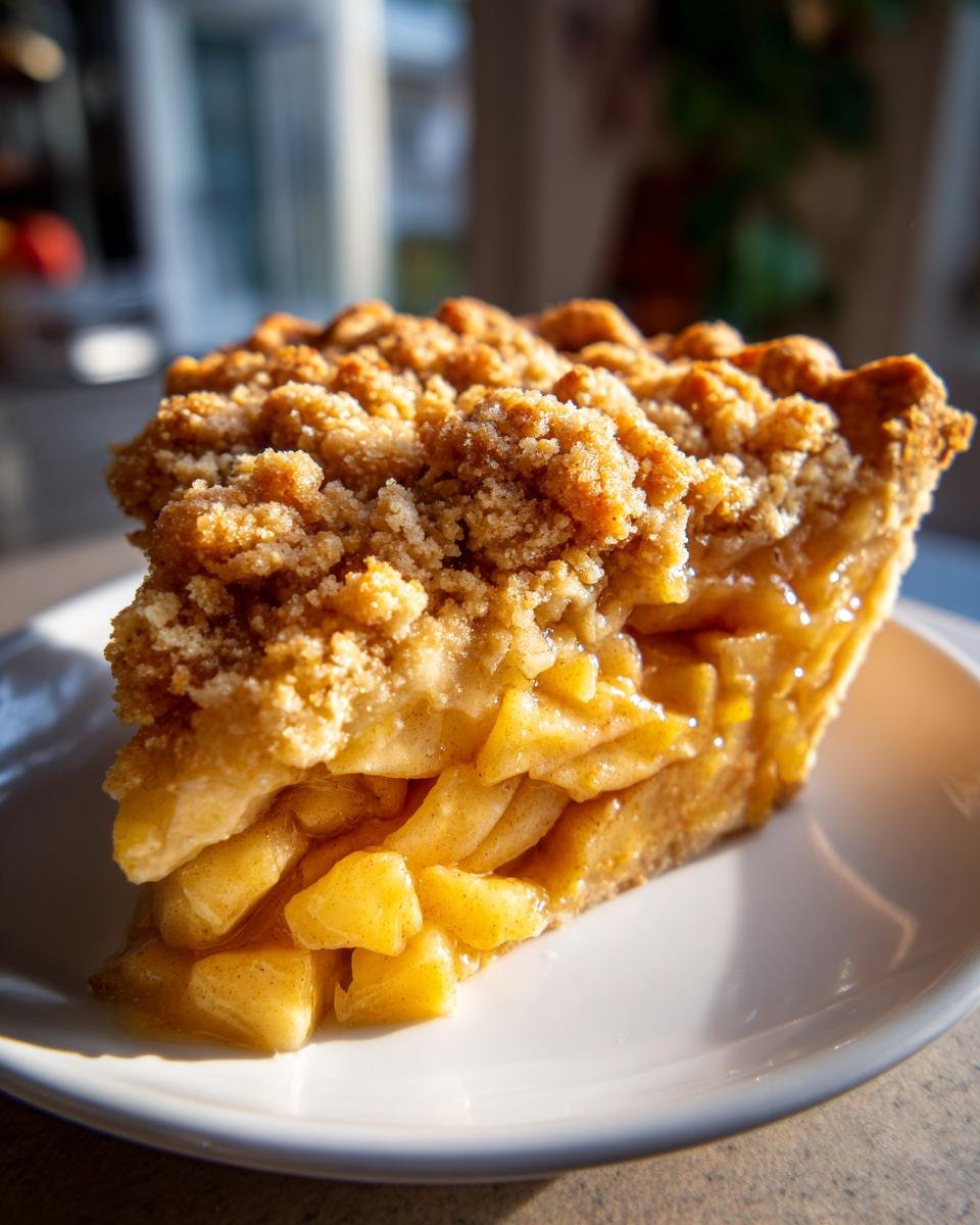 A slice of apple crumble pie, perfect for Cottagecore Recipes for Fall, sits on a white plate.