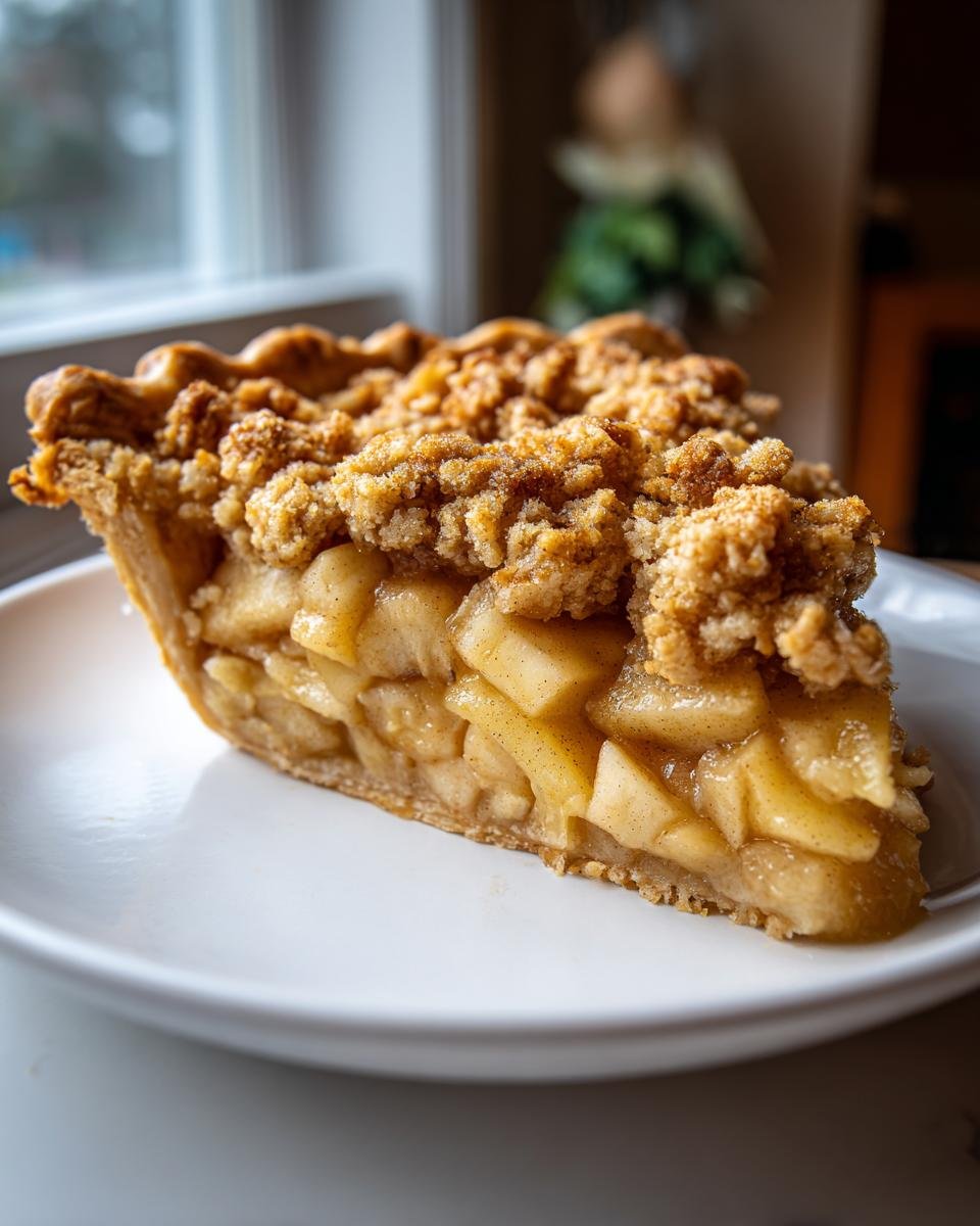 A slice of apple crumble pie, a perfect addition to Cottagecore Recipes for Fall, sits on a white plate.