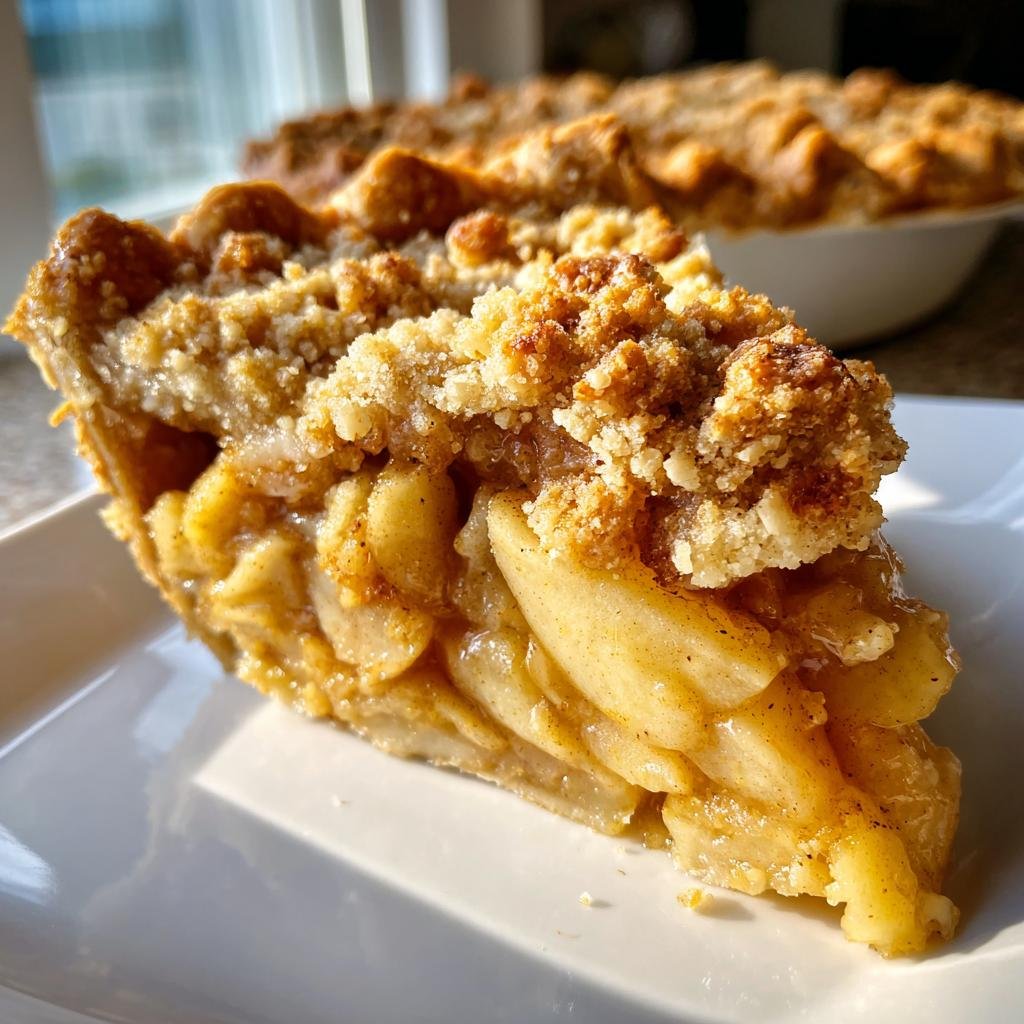 A slice of apple crumble pie, a perfect addition to Cottagecore Recipes for Fall. Golden crust and juicy apple filling.
