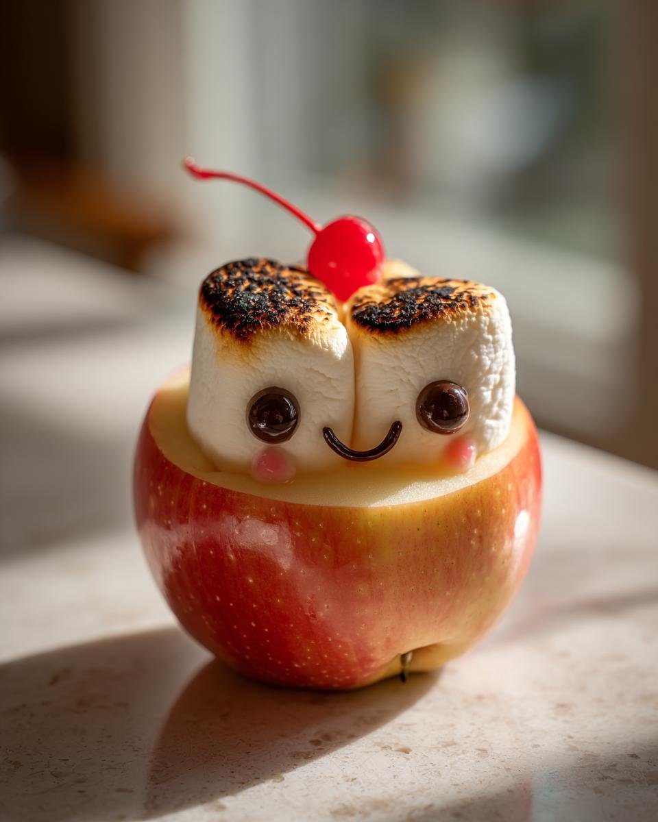 Adorable apple marshmallow smiles treat with toasted marshmallows, a cherry, and a smiling face.